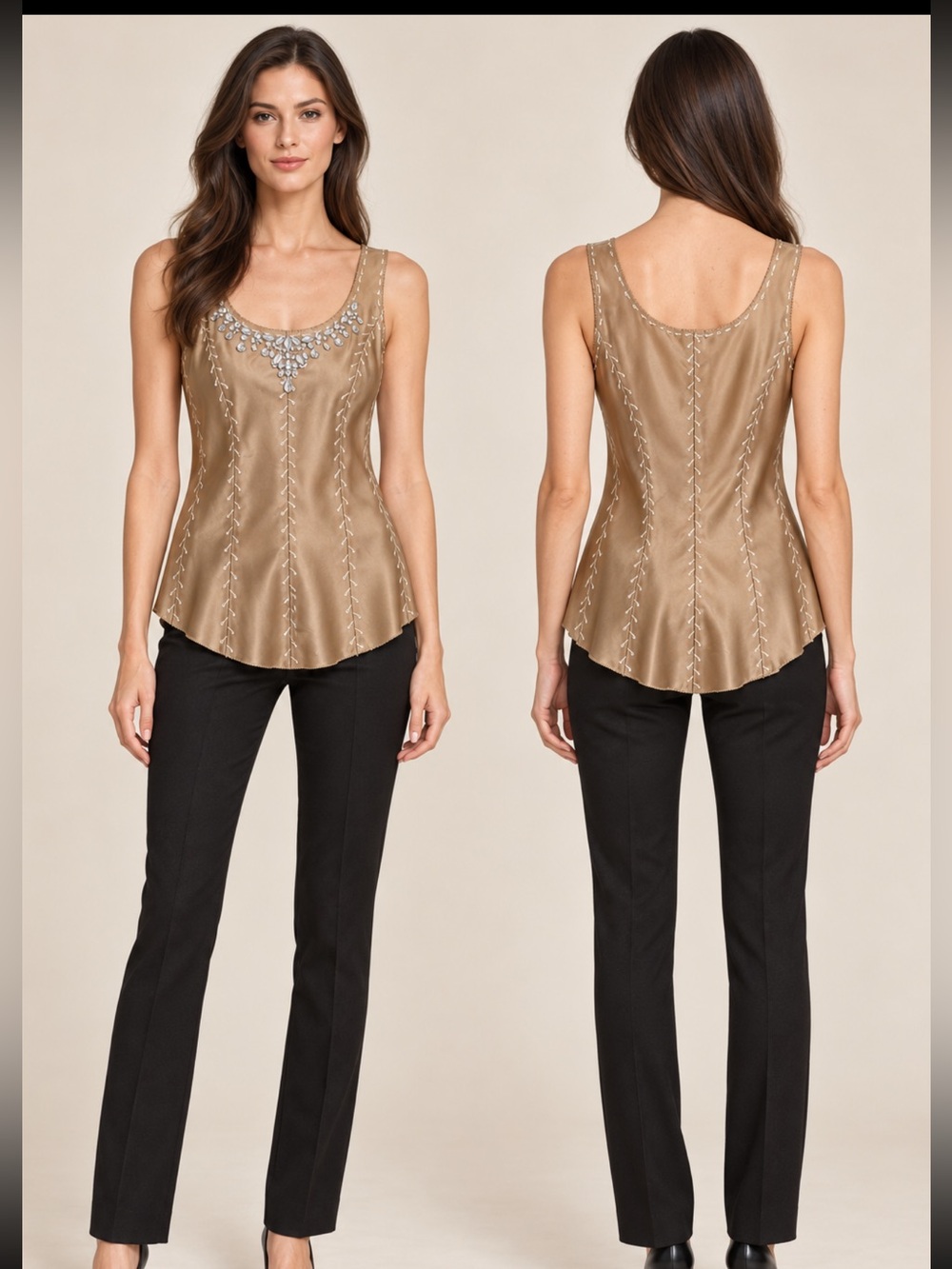 Embellished Scoop Neck Tank Top in Taupe